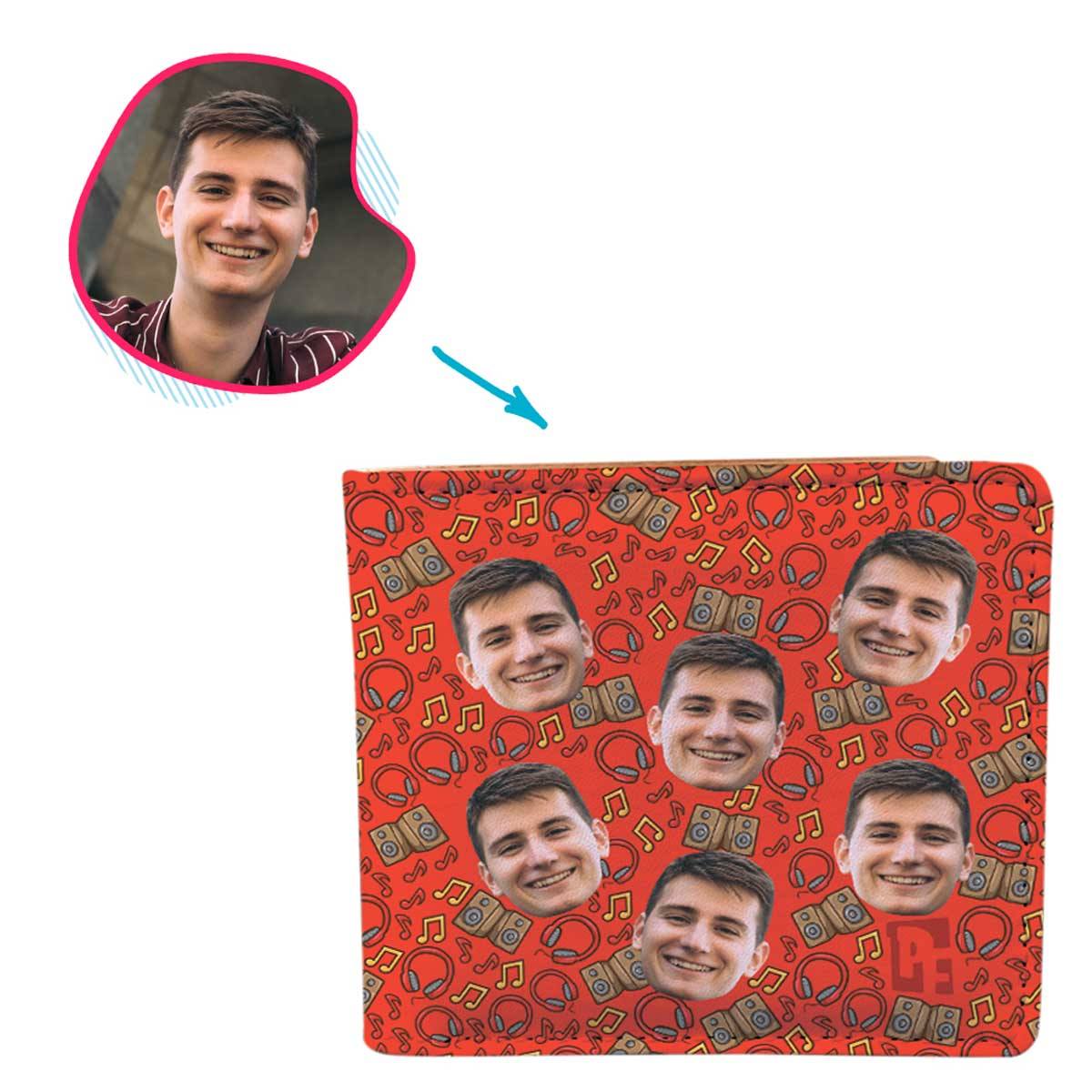 red Music wallet personalized with photo of face printed on it