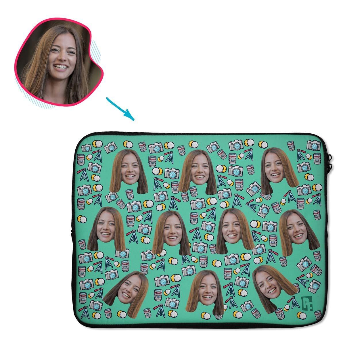 mint Photography laptop sleeve personalized with photo of face printed on them