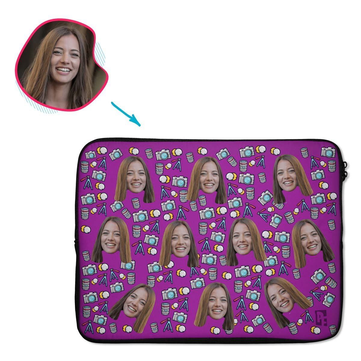 purple Photography laptop sleeve personalized with photo of face printed on them