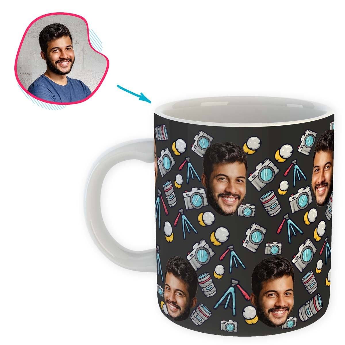 dark Photography mug personalized with photo of face printed on it