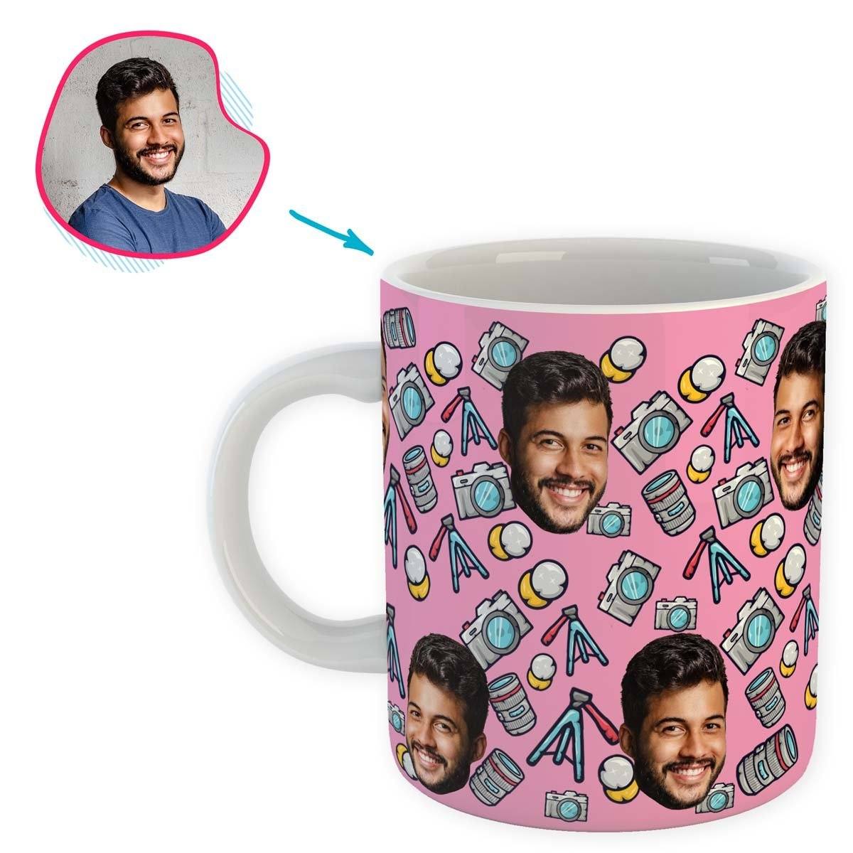 pink Photography mug personalized with photo of face printed on it