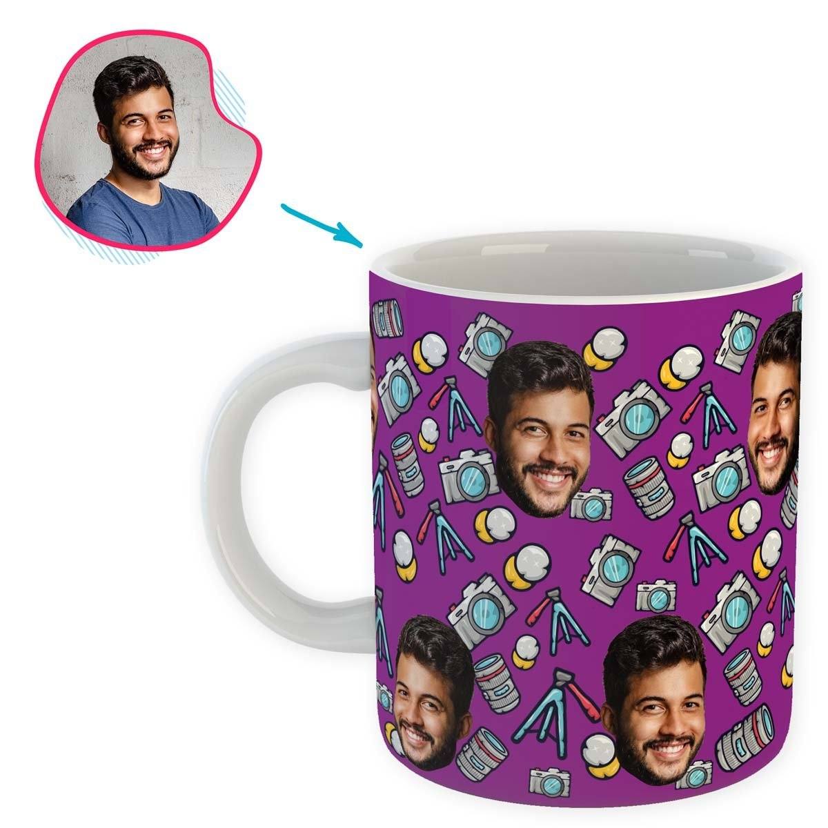purple Photography mug personalized with photo of face printed on it