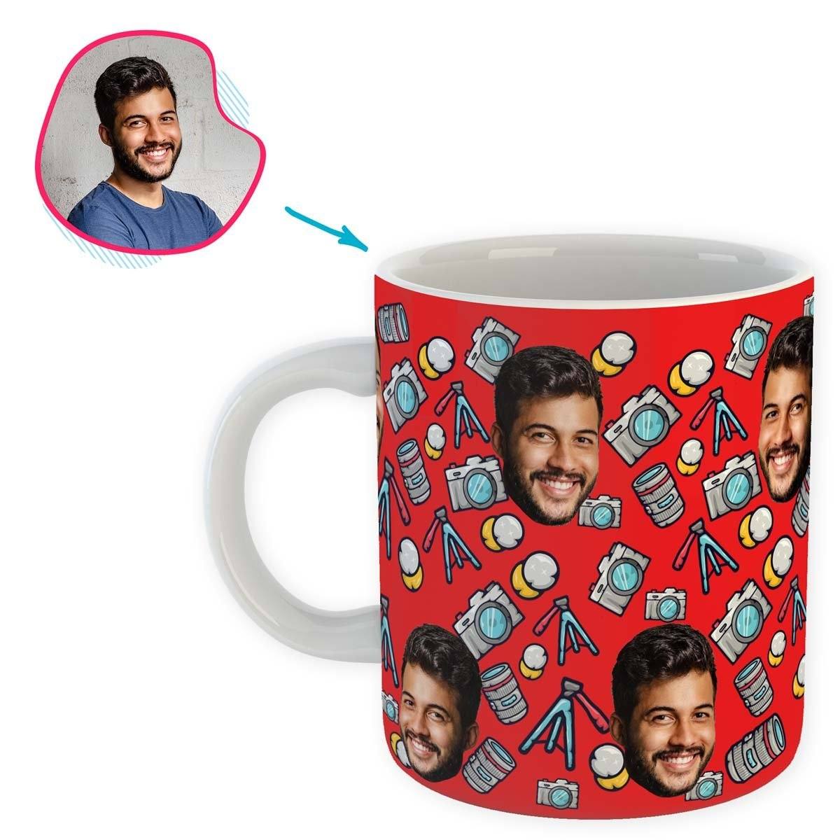 red Photography mug personalized with photo of face printed on it
