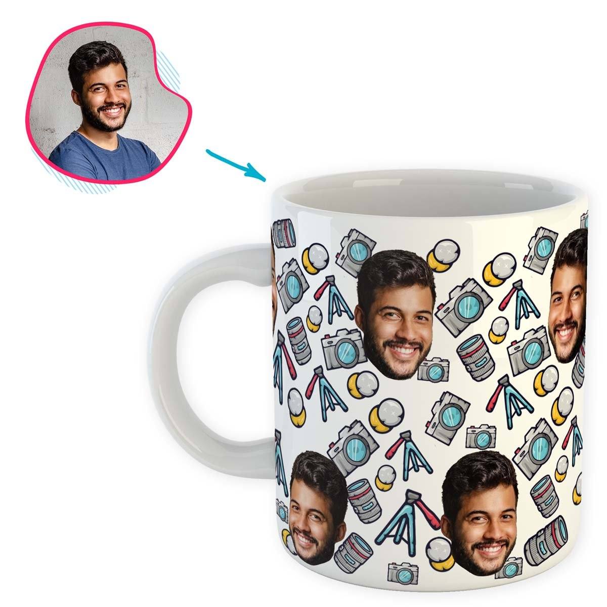 white Photography mug personalized with photo of face printed on it