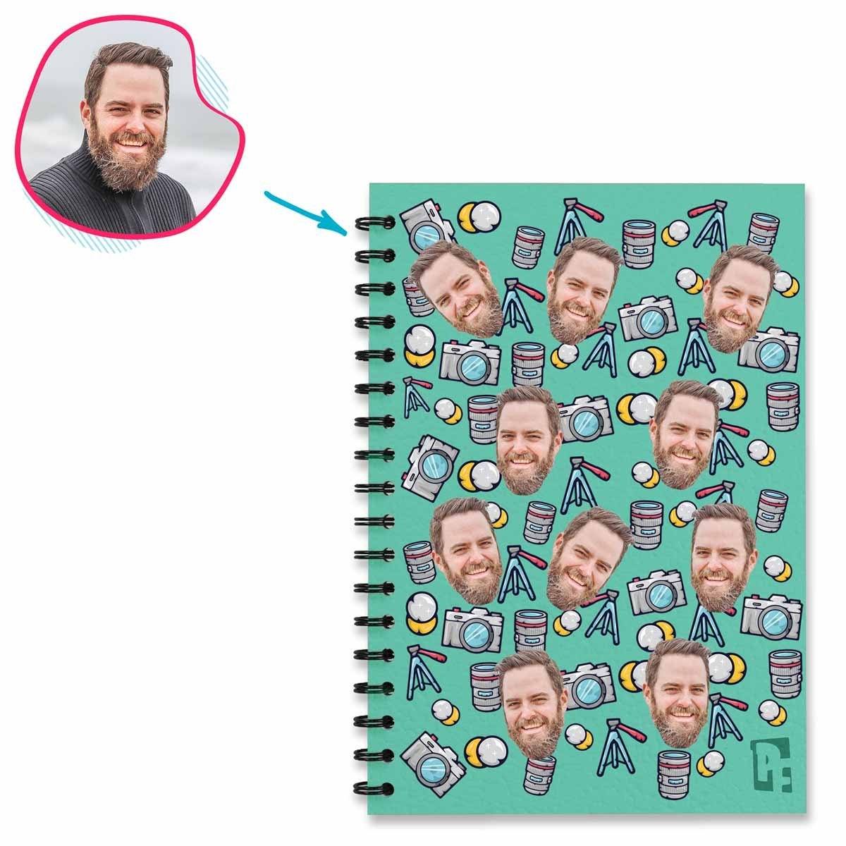 mint Photography Notebook personalized with photo of face printed on them