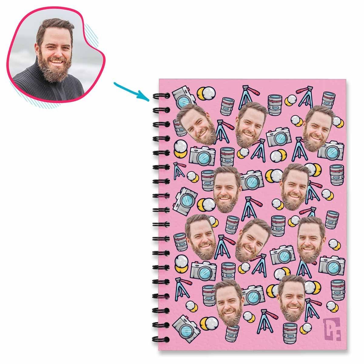 pink Photography Notebook personalized with photo of face printed on them