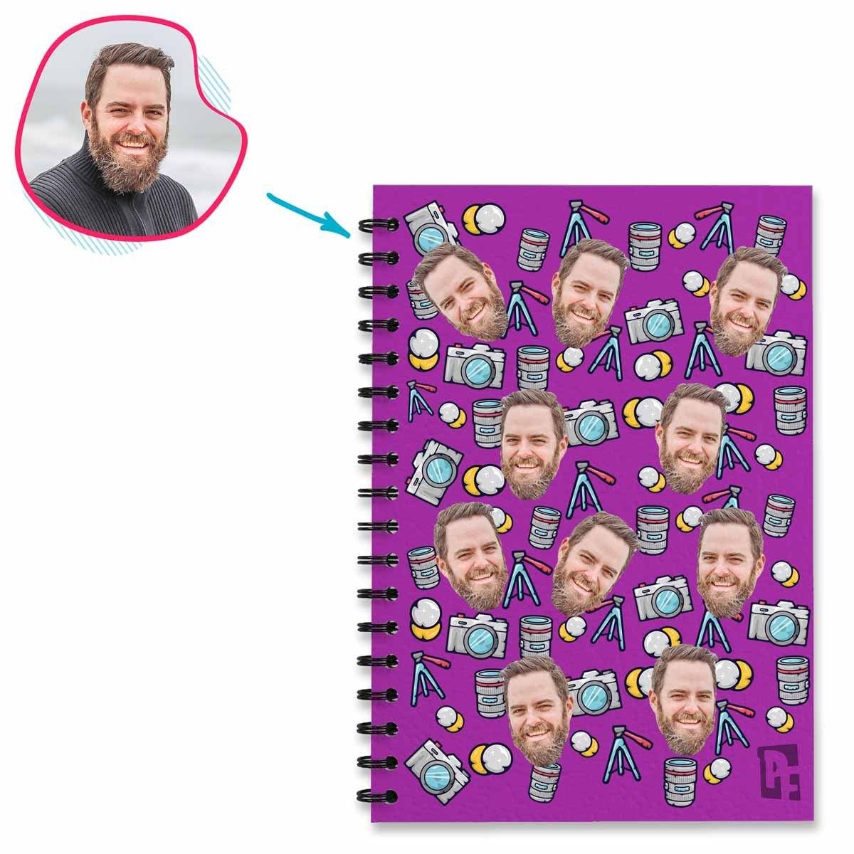 purple Photography Notebook personalized with photo of face printed on them