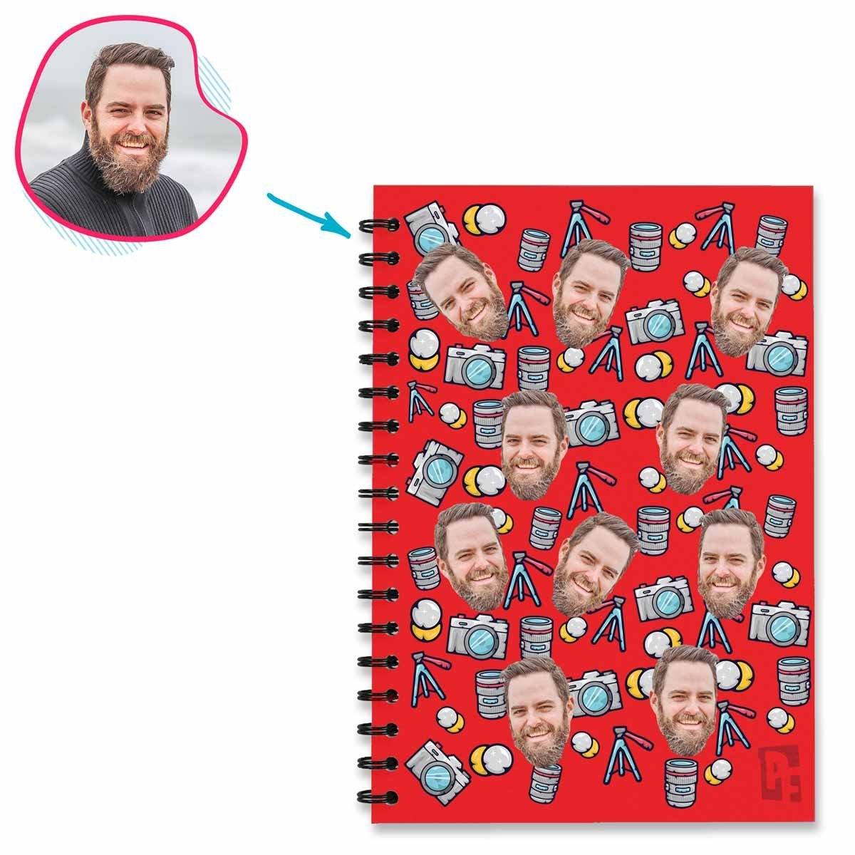 red Photography Notebook personalized with photo of face printed on them