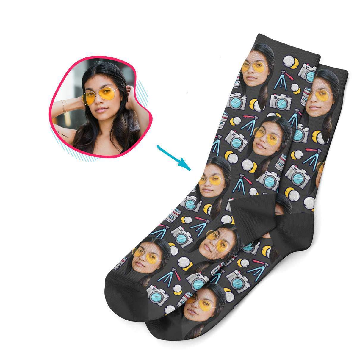 dark Photography socks personalized with photo of face printed on them
