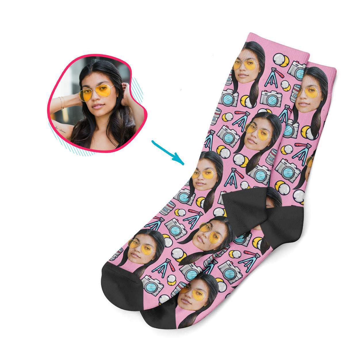 pink Photography socks personalized with photo of face printed on them