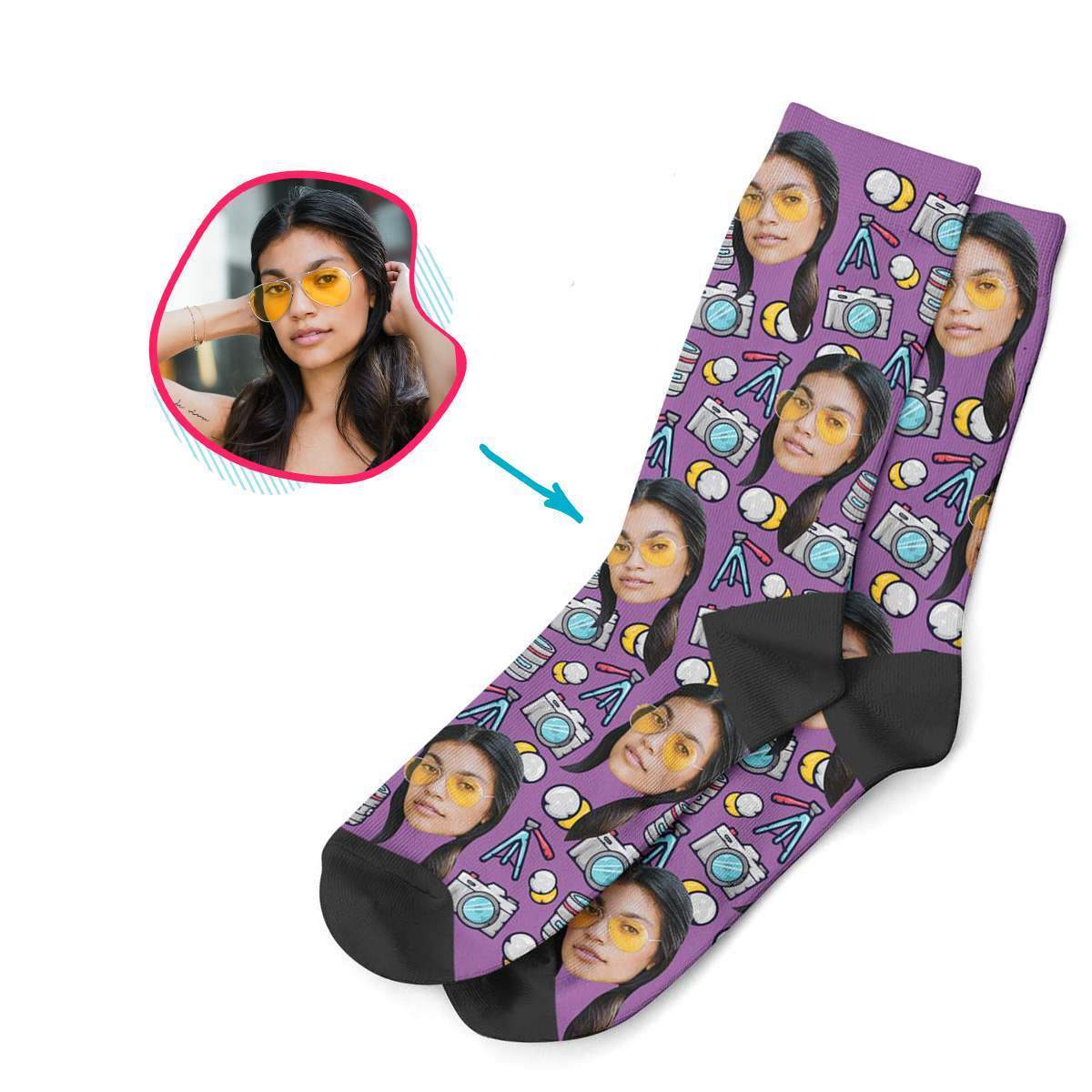 purple Photography socks personalized with photo of face printed on them