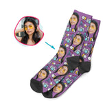 Load image into Gallery viewer, purple Photography socks personalized with photo of face printed on them
