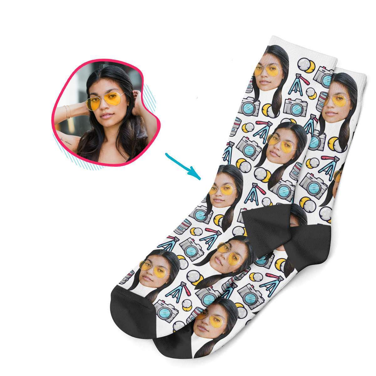 white Photography socks personalized with photo of face printed on them