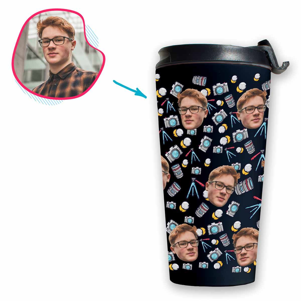 dark Photography travel mug personalized with photo of face printed on it