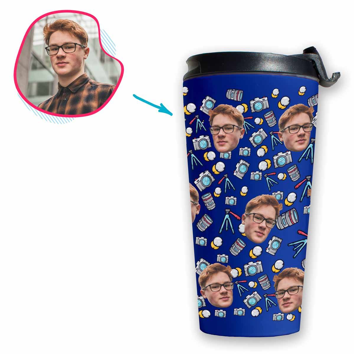 darkblue Photography travel mug personalized with photo of face printed on it