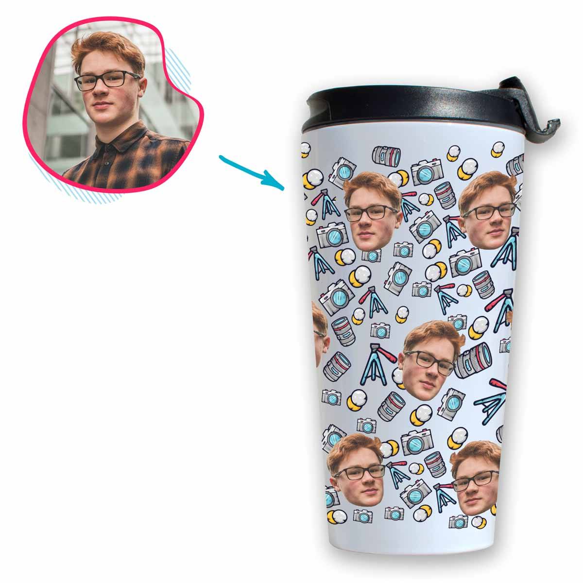 white Photography travel mug personalized with photo of face printed on it
