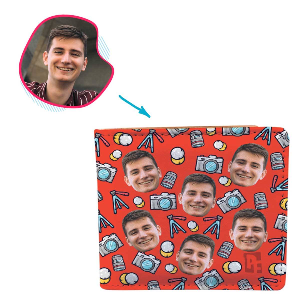 red Photography wallet personalized with photo of face printed on it