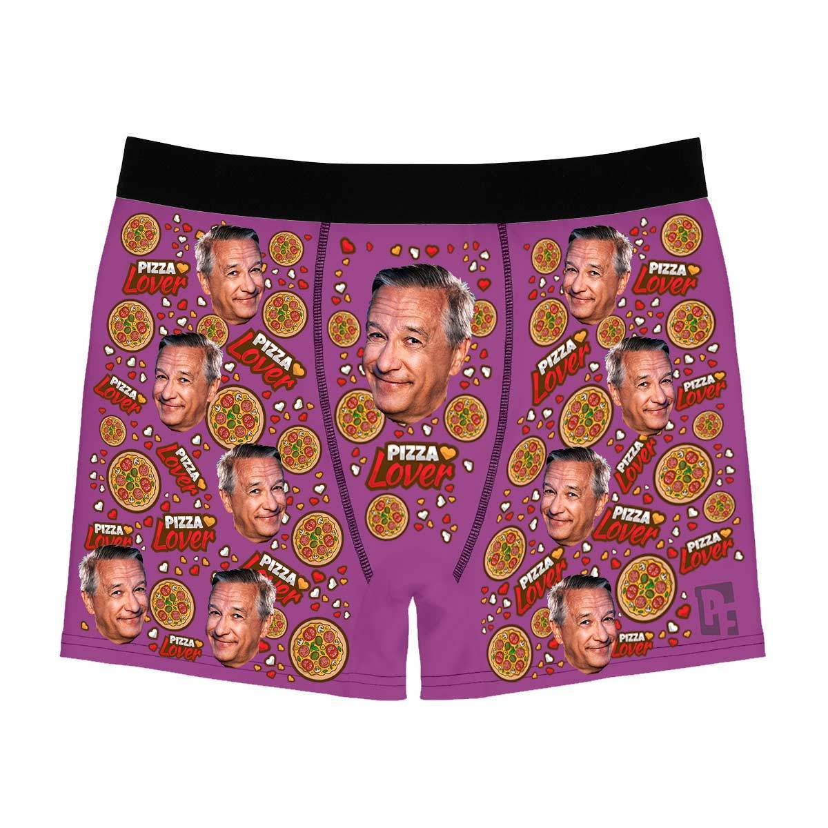Purple Pizza Lover men's boxer briefs personalized with photo printed on them