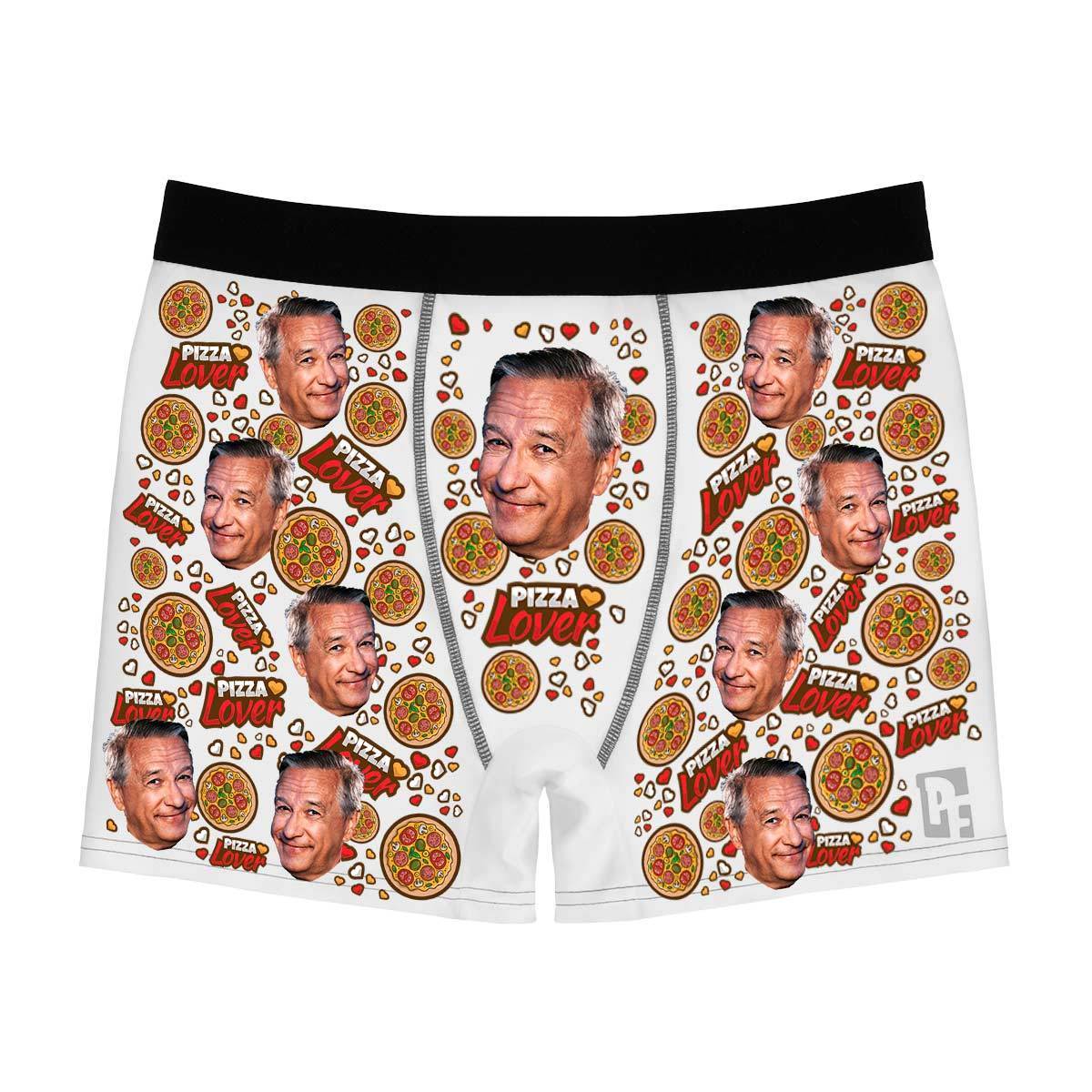 White Pizza Lover men's boxer briefs personalized with photo printed on them