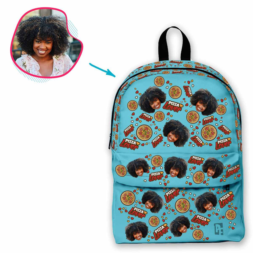 blue Pizza Lover classic backpack personalized with photo of face printed on it
