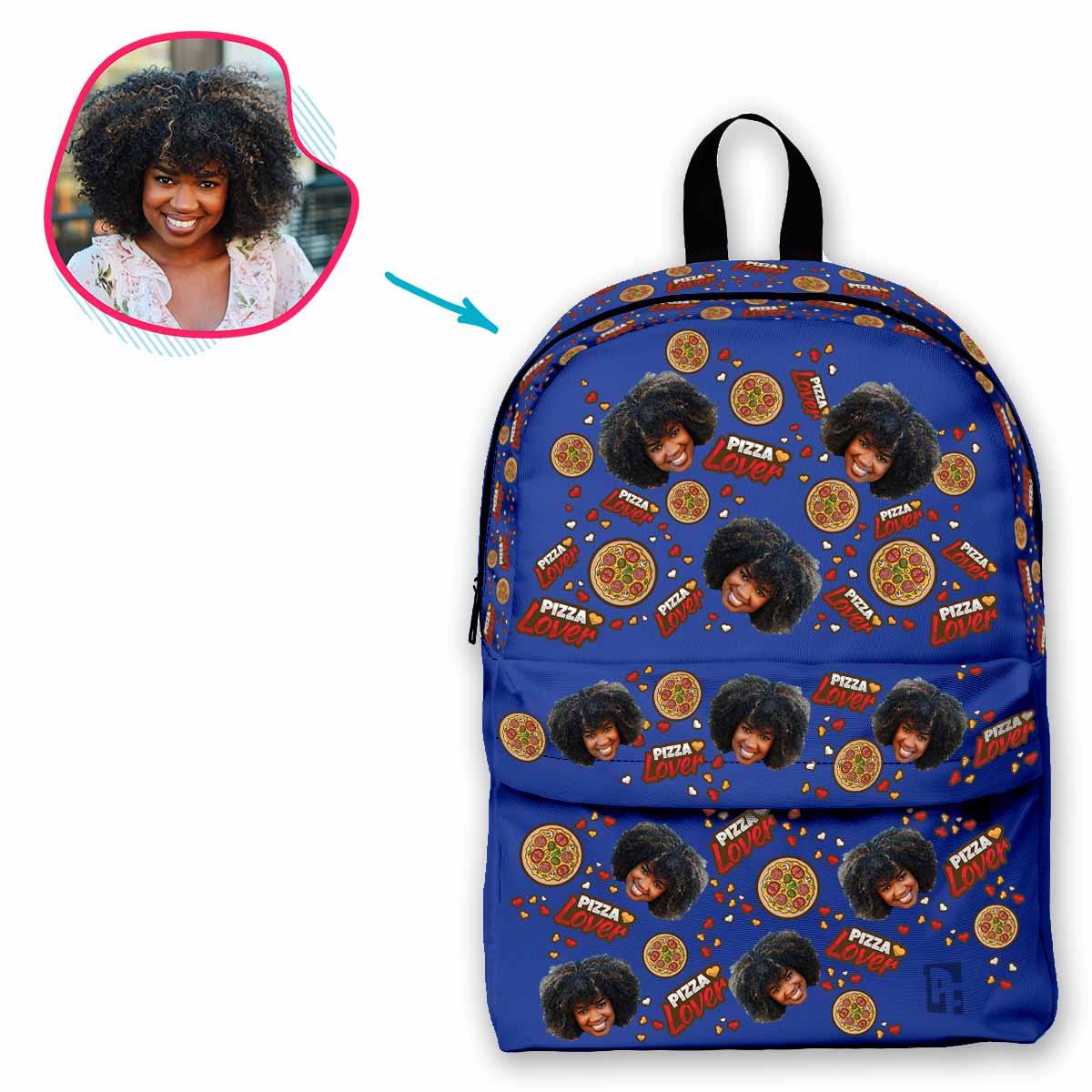 darkblue Pizza Lover classic backpack personalized with photo of face printed on it