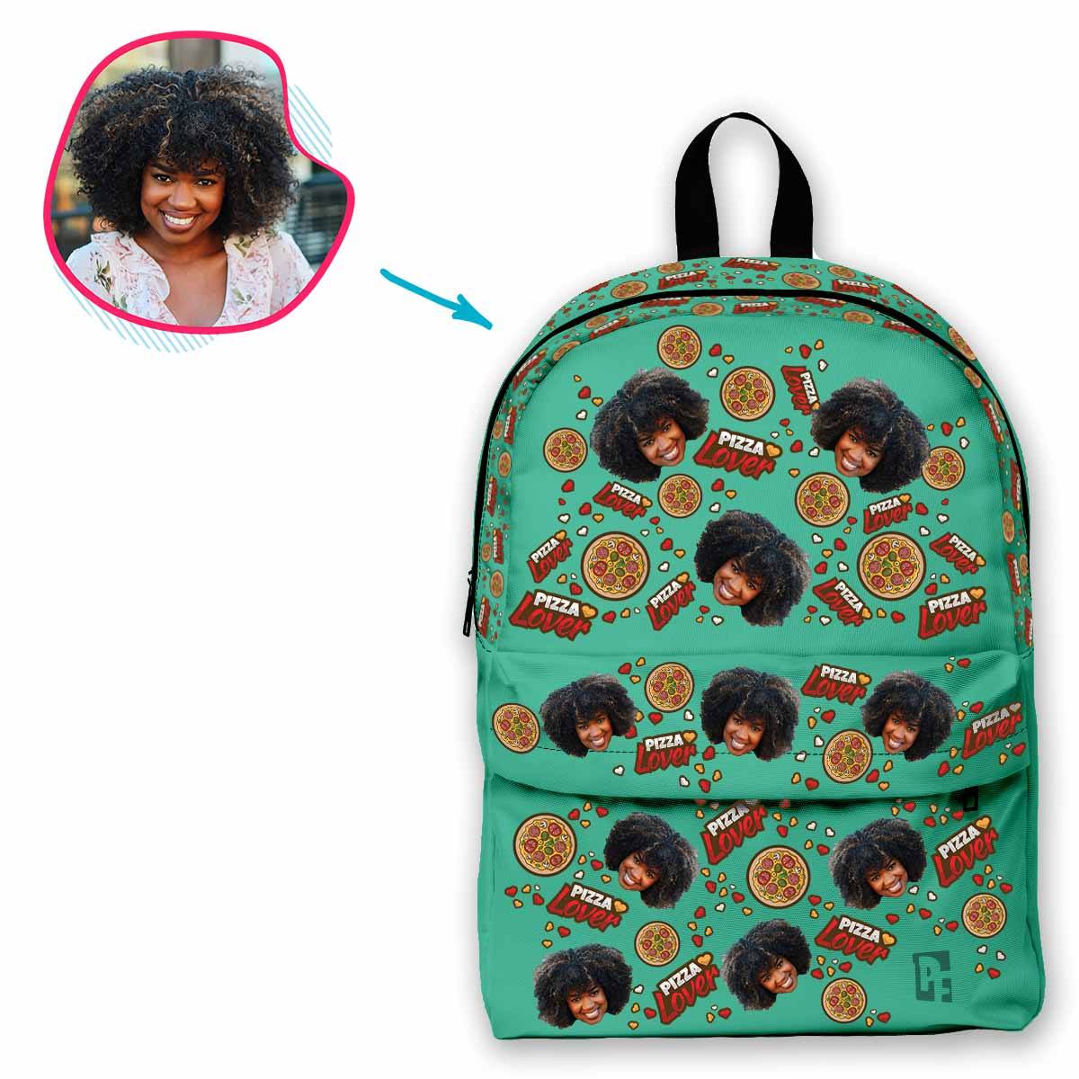 mint Pizza Lover classic backpack personalized with photo of face printed on it