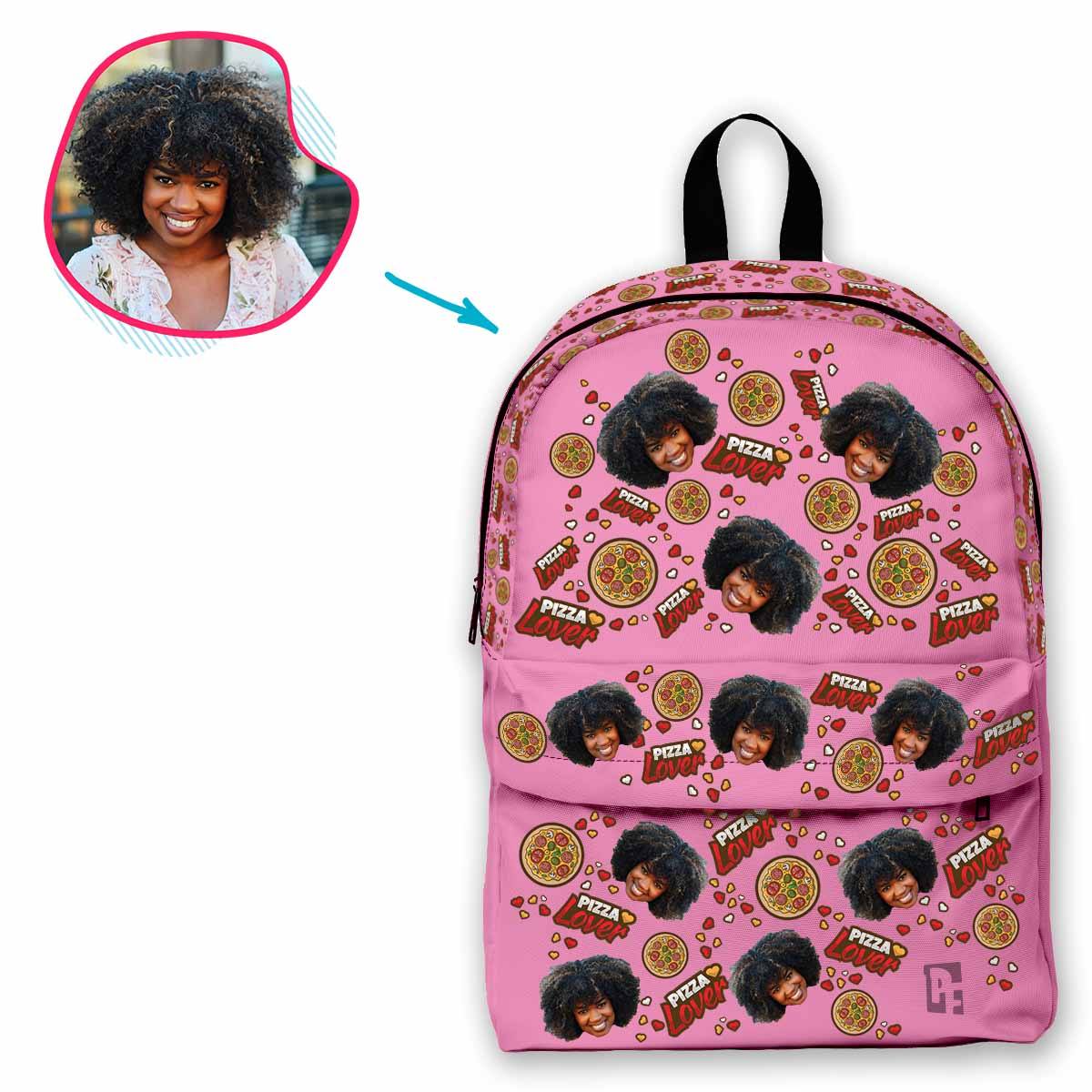 pink Pizza Lover classic backpack personalized with photo of face printed on it