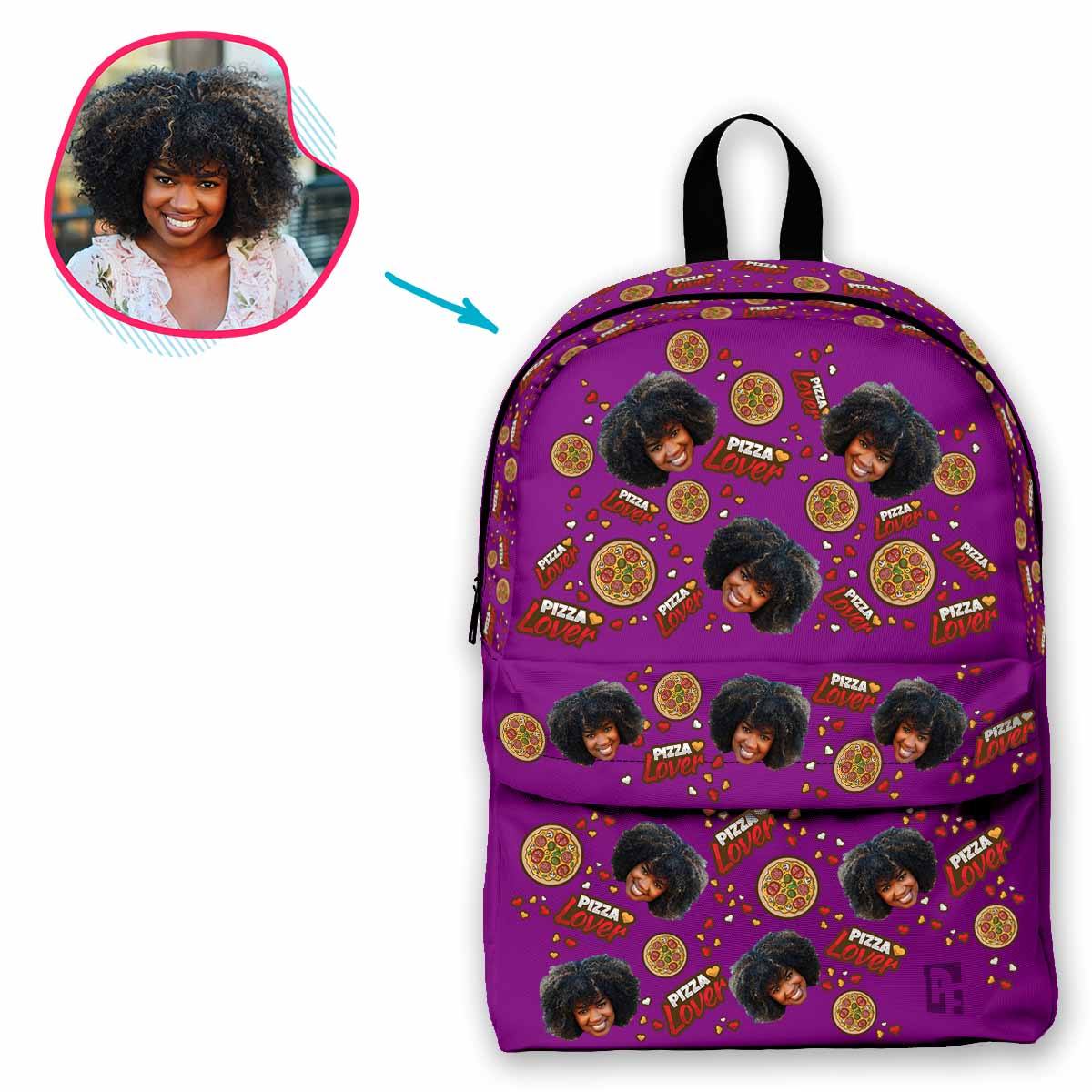 purple Pizza Lover classic backpack personalized with photo of face printed on it