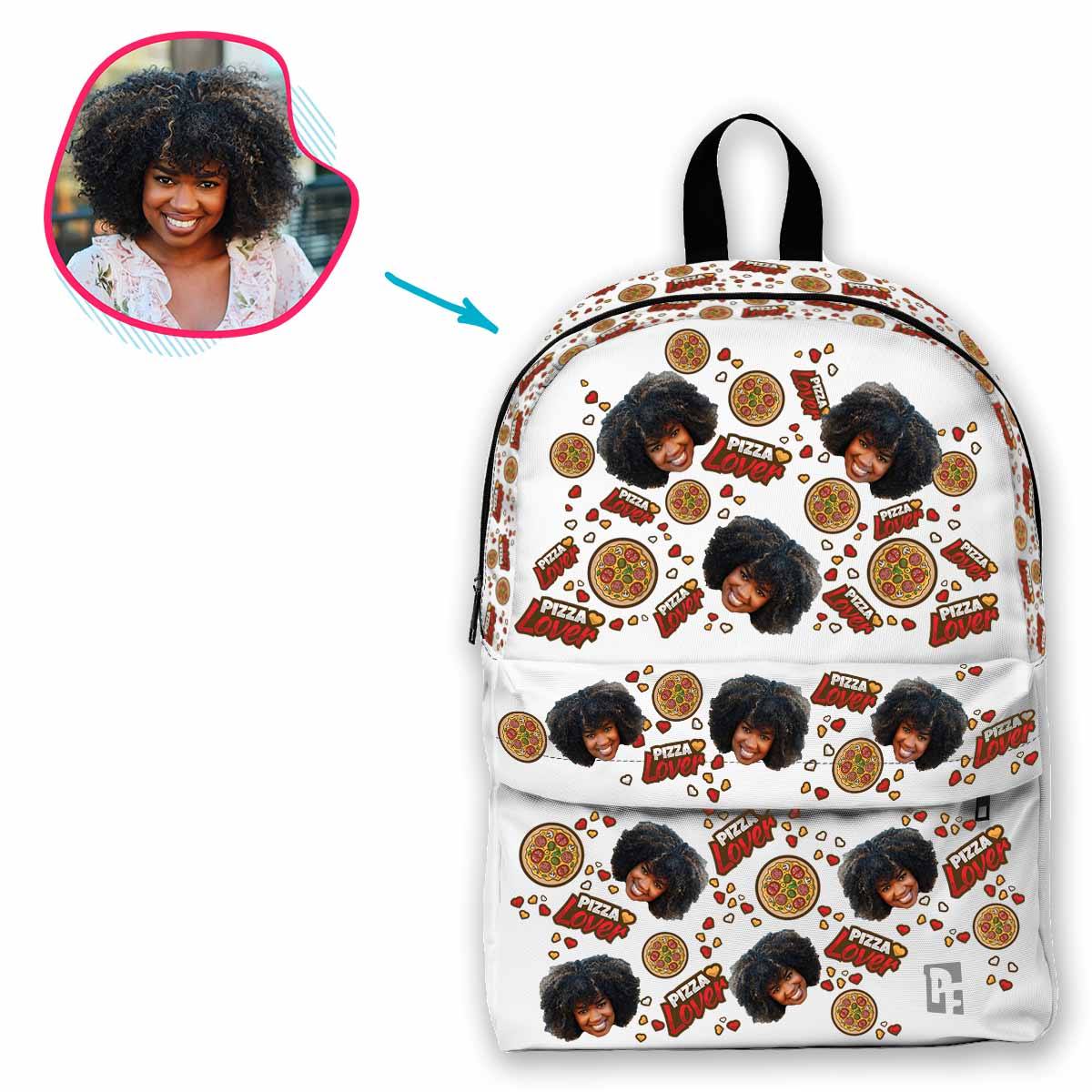 white Pizza Lover classic backpack personalized with photo of face printed on it