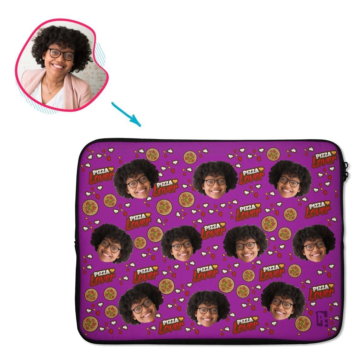 purple Pizza Lover laptop sleeve personalized with photo of face printed on them
