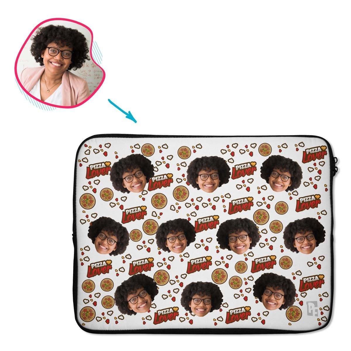 white Pizza Lover laptop sleeve personalized with photo of face printed on them