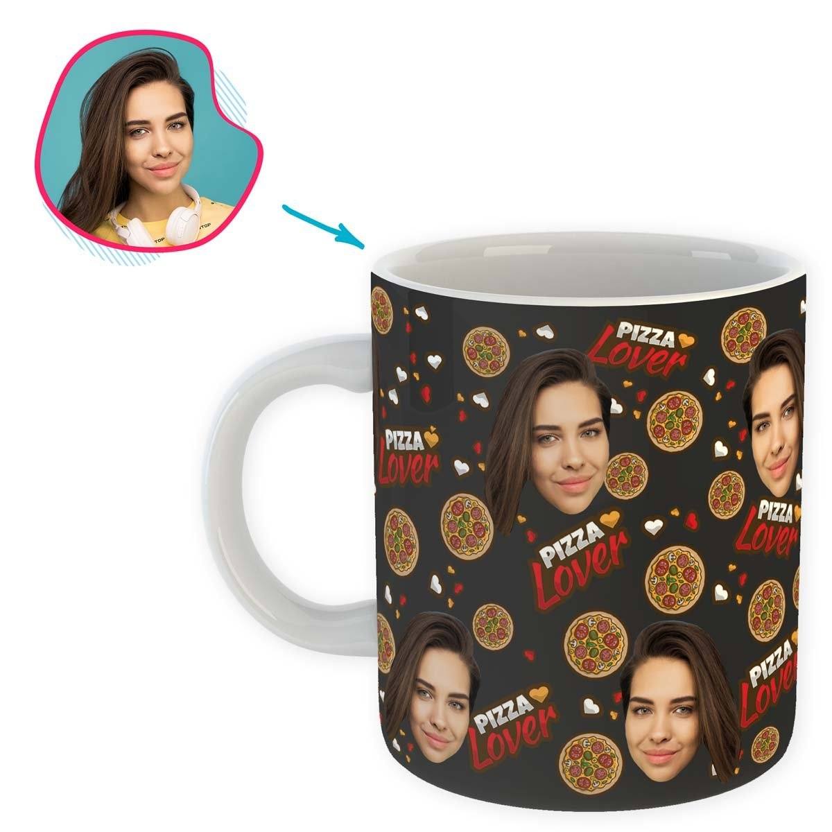dark Pizza Lover mug personalized with photo of face printed on it