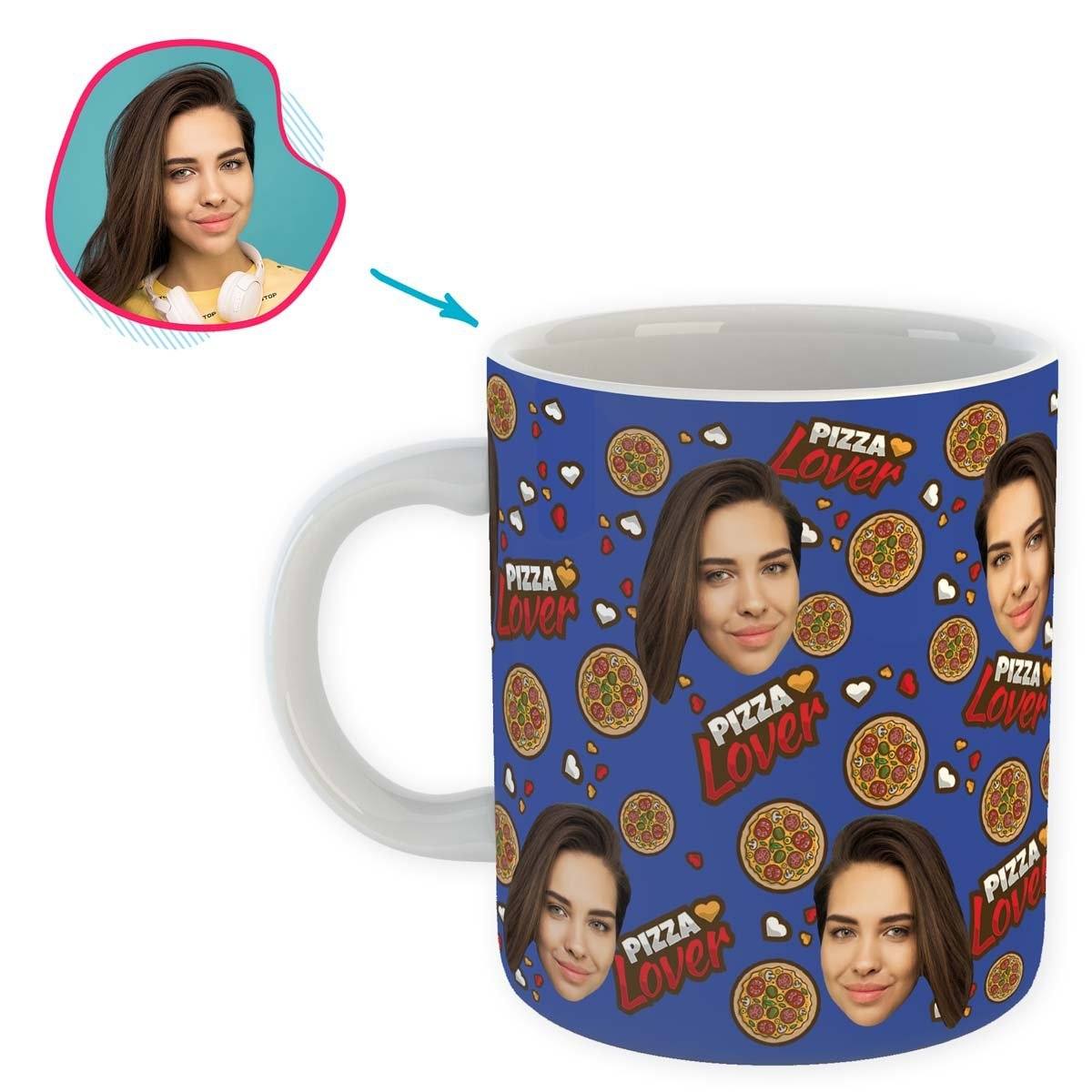 darkblue Pizza Lover mug personalized with photo of face printed on it