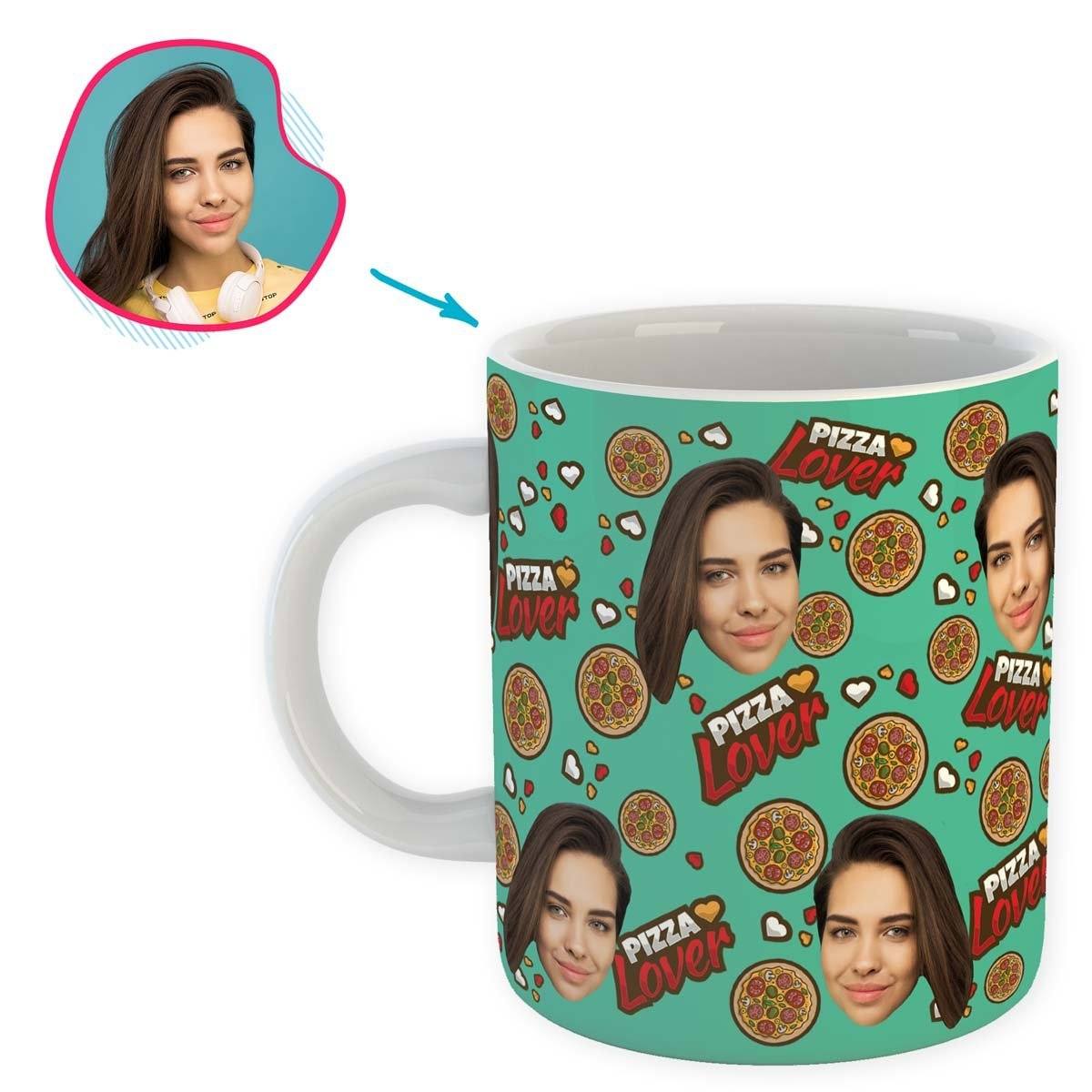 mint Pizza Lover mug personalized with photo of face printed on it