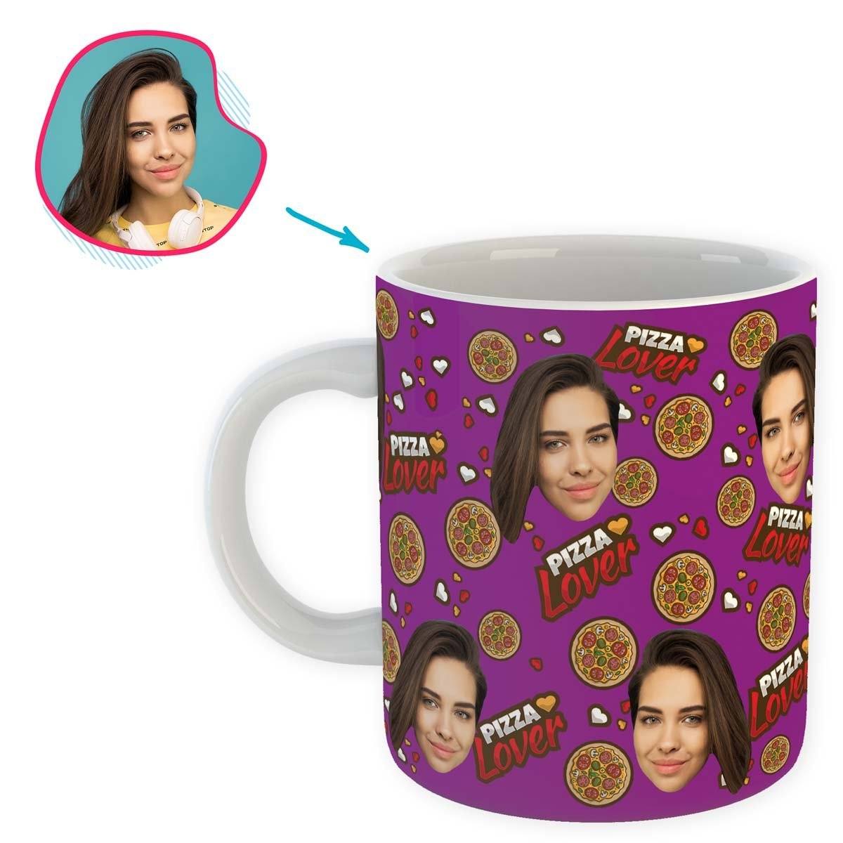 purple Pizza Lover mug personalized with photo of face printed on it
