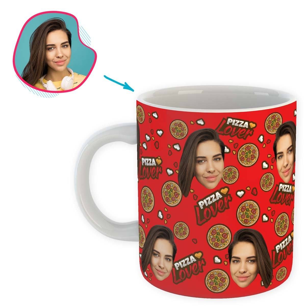 red Pizza Lover mug personalized with photo of face printed on it