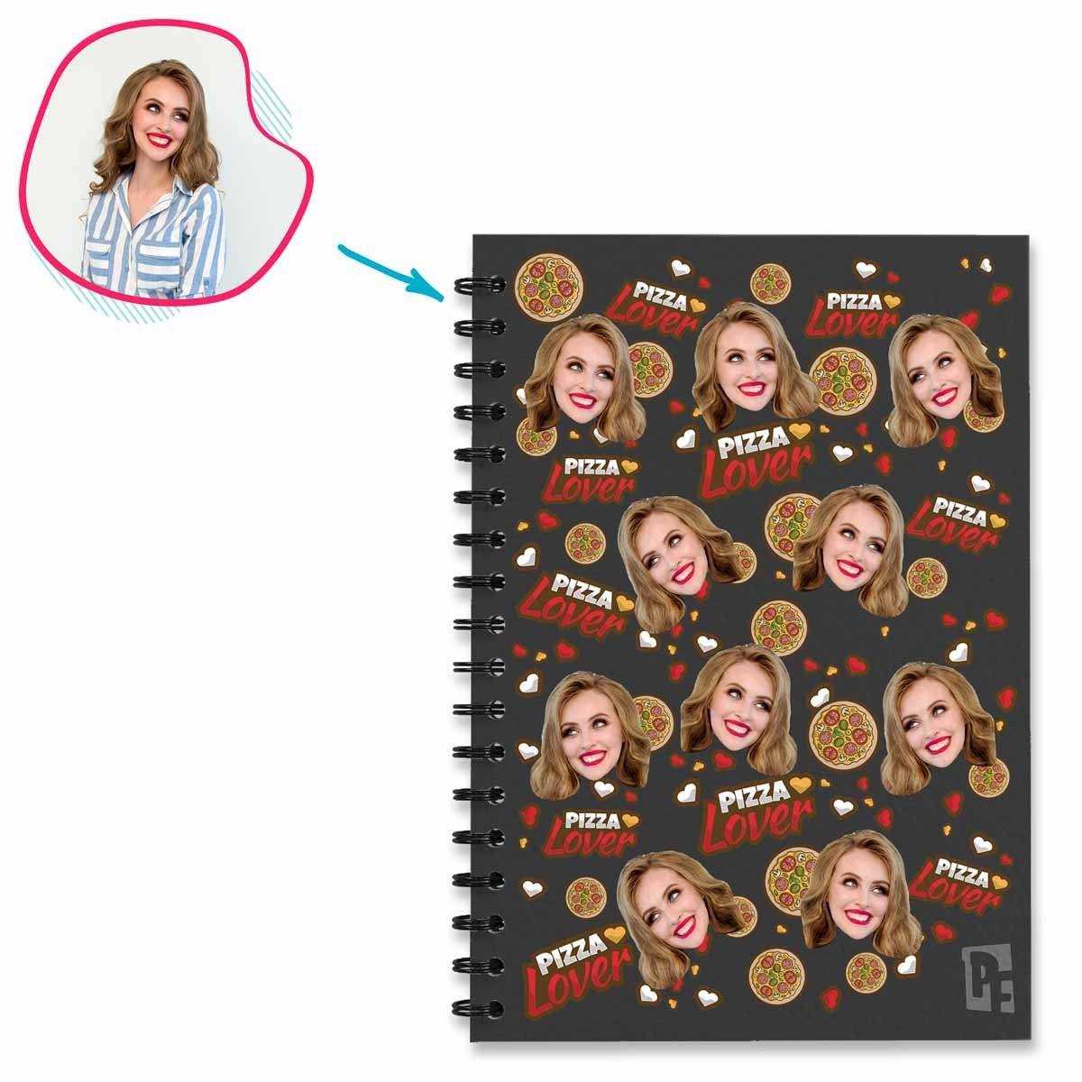 dark Pizza Lover Notebook personalized with photo of face printed on them