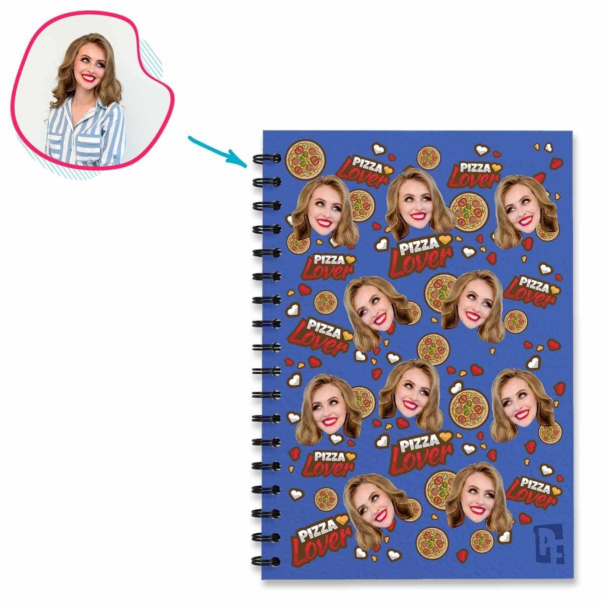 darkblue Pizza Lover Notebook personalized with photo of face printed on them