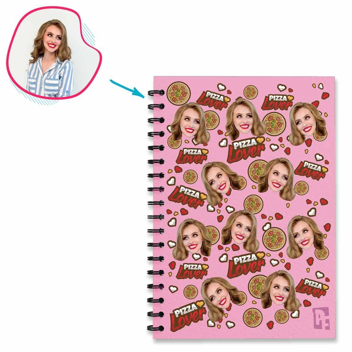 pink Pizza Lover Notebook personalized with photo of face printed on them