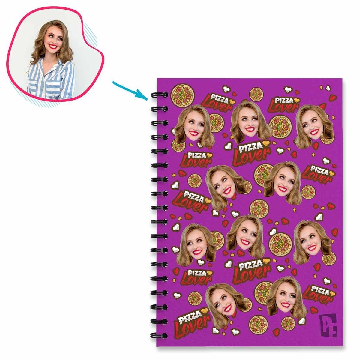 purple Pizza Lover Notebook personalized with photo of face printed on them
