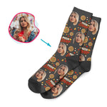 Load image into Gallery viewer, dark Pizza Lover socks personalized with photo of face printed on them

