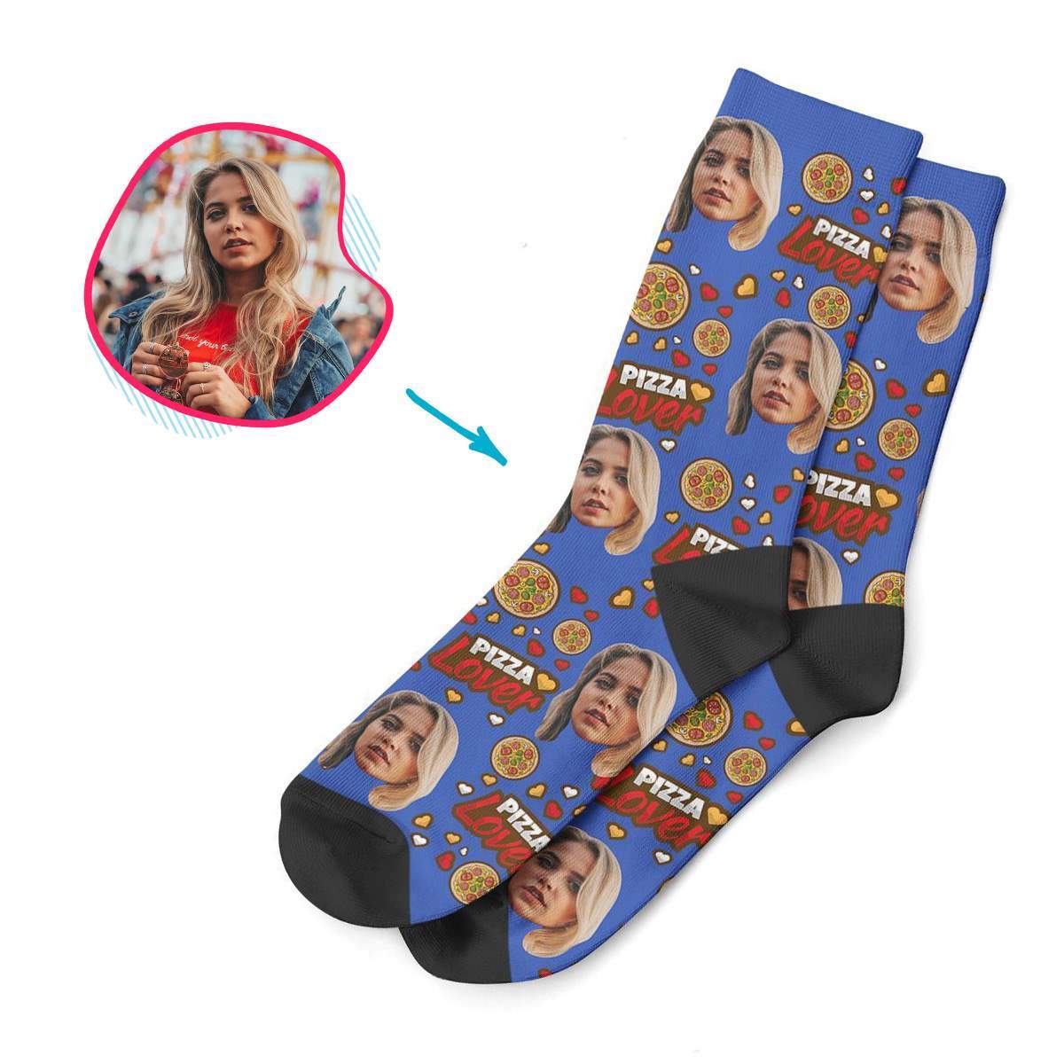 darkblue Pizza Lover socks personalized with photo of face printed on them