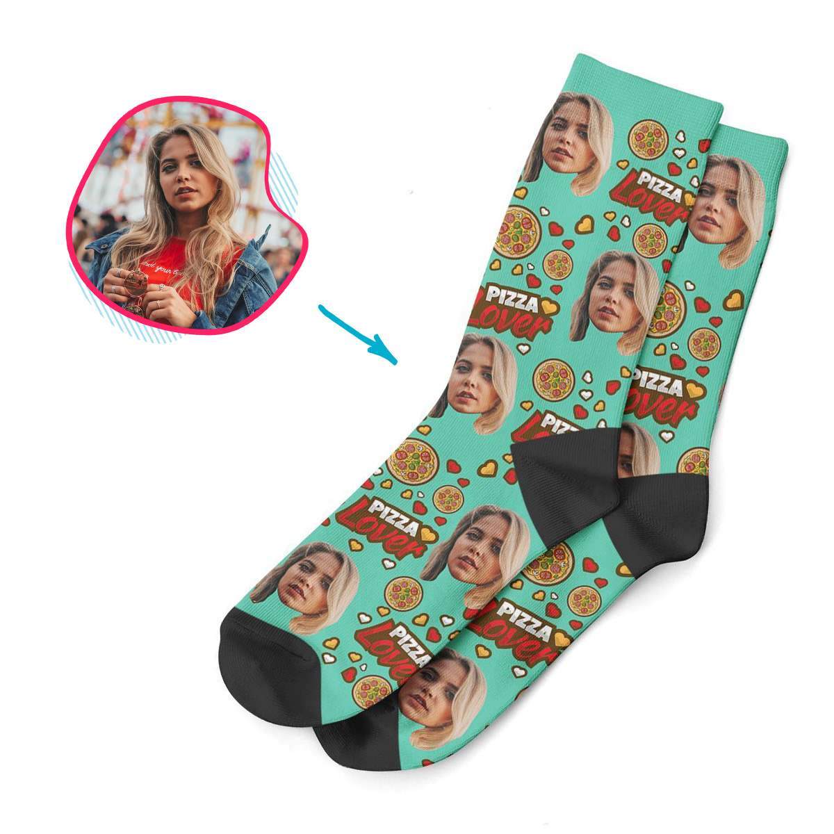mint Pizza Lover socks personalized with photo of face printed on them