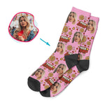 Load image into Gallery viewer, pink Pizza Lover socks personalized with photo of face printed on them
