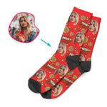 Load image into Gallery viewer, red Pizza Lover socks personalized with photo of face printed on them
