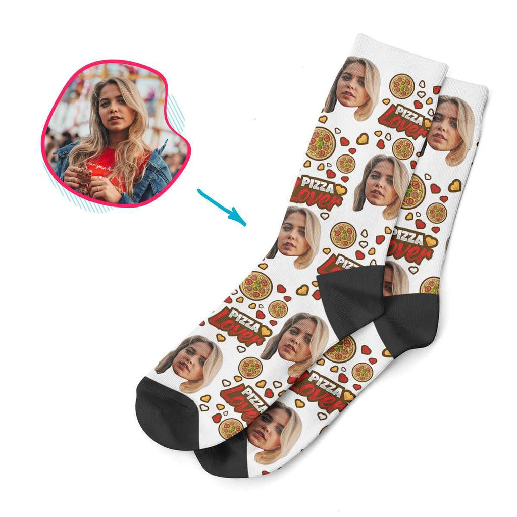 white Pizza Lover socks personalized with photo of face printed on them
