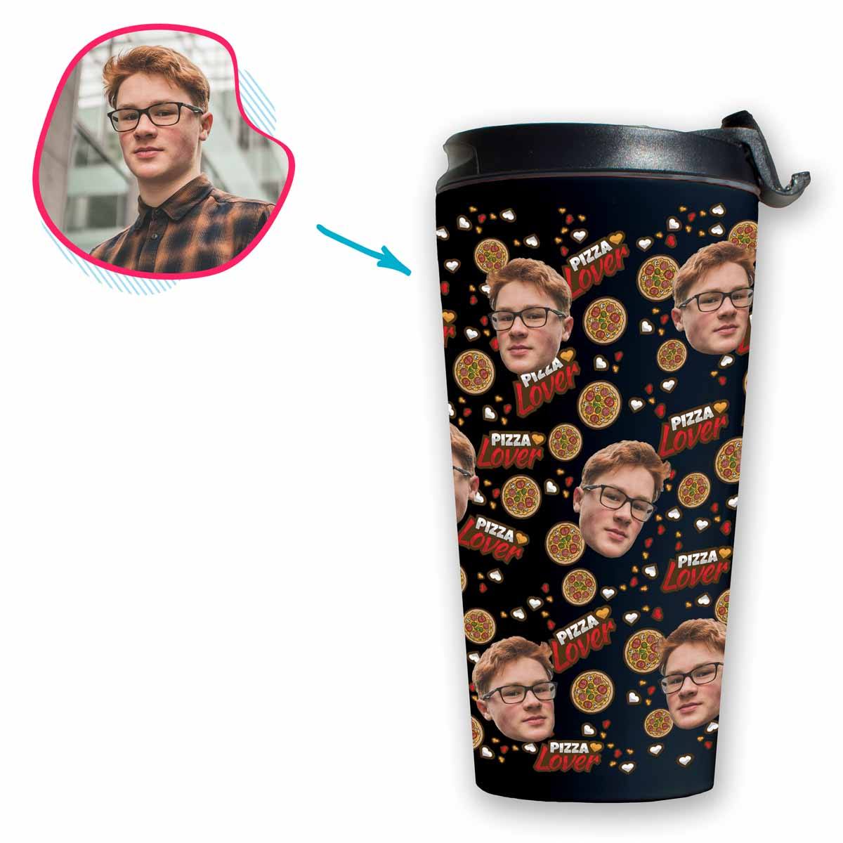 dark Pizza Lover travel mug personalized with photo of face printed on it