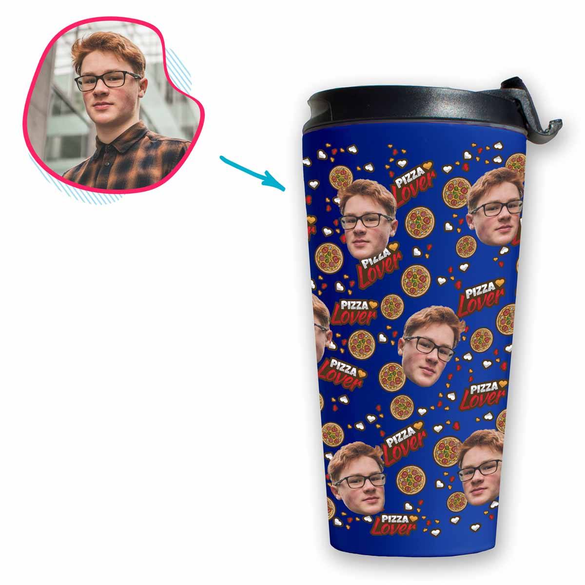 darkblue Pizza Lover travel mug personalized with photo of face printed on it