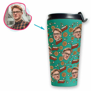 mint Pizza Lover travel mug personalized with photo of face printed on it