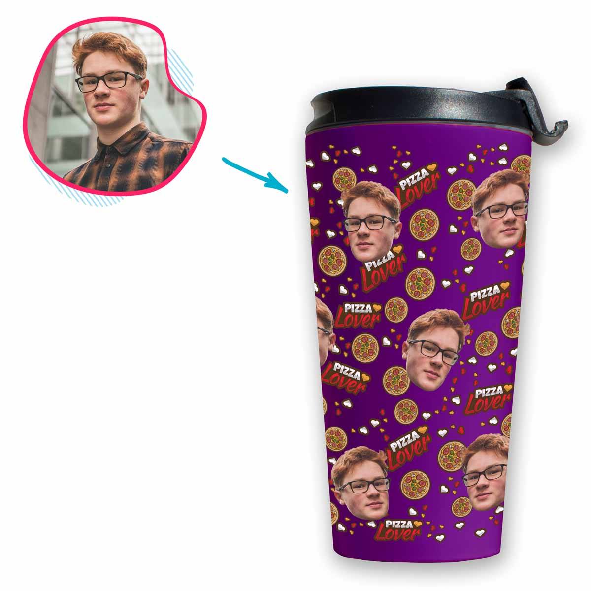purple Pizza Lover travel mug personalized with photo of face printed on it
